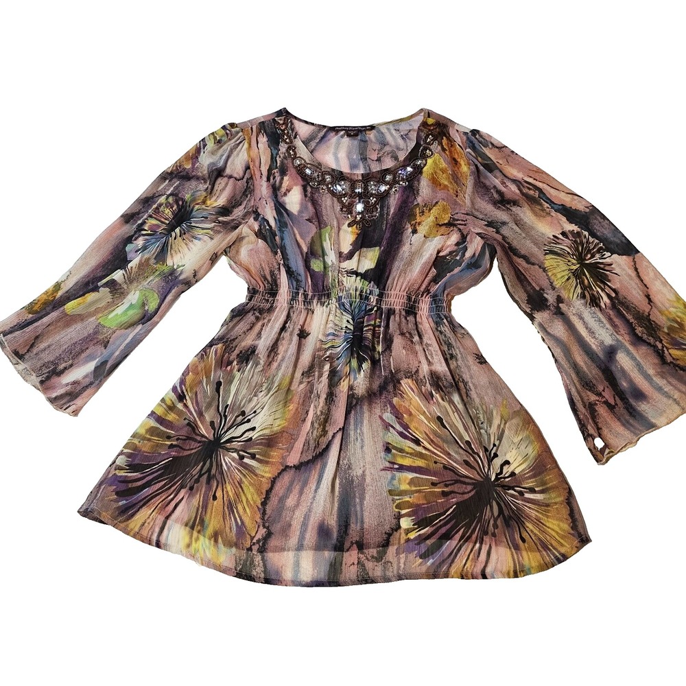 Mushbaby Sienna Rose Embellished Boho Whimsical Top Paisley Bell Sleeve M